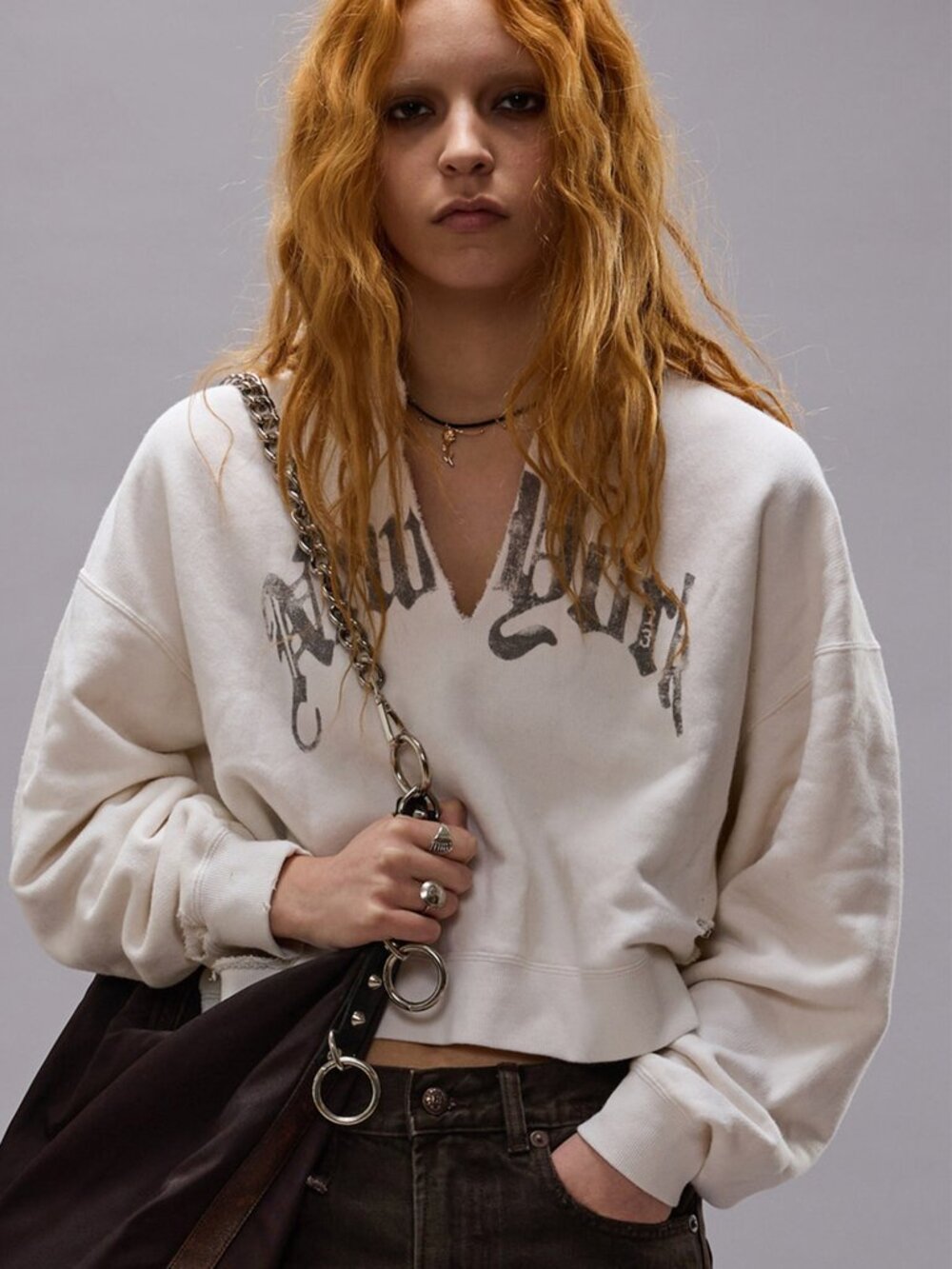 R13 Ivory Cotton NEW YORK Print Cropped Distressed Terry Knit Top Sweatshirt M